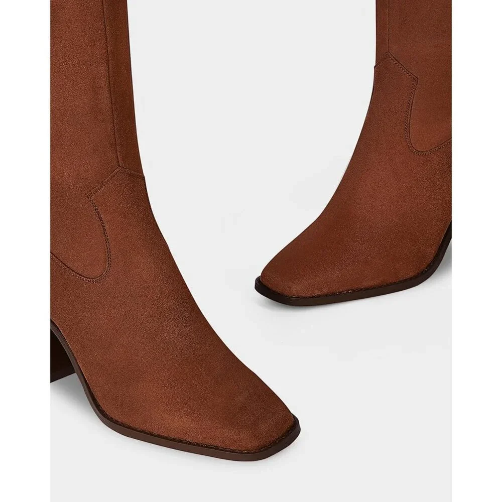 Women Brown-suede Polyurethane Knee High Square Toe Zipper Block Heel Tall Boots